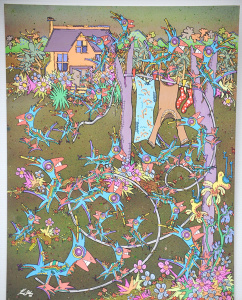 Kerri Stokes (Active c1970s - 90s) Large unframed Gouache - Birds in the Backyar