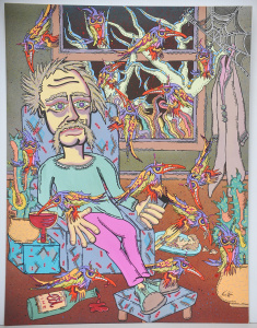 Kerri Stokes (Active c1970s - 90s) large Unframed Gouache - Birds on the Brain -