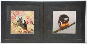 Pair framed Susho Chinese Silk Embroideries of Owls - both w labels verso - 19x1