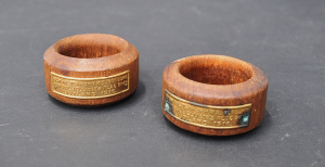 Pair vintage Napkin rings with brass plaque reading - from the Teak of HMS Iron