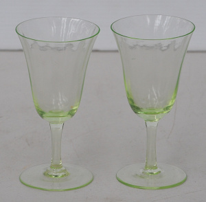 Pair Vintage Uranium glass Stemmed wine Glasses flared bowls 16cm H
