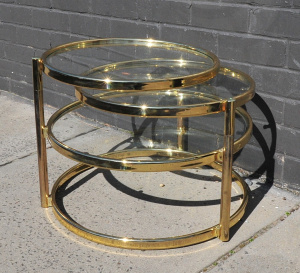 Lot 005 - Retro Brass Frame & Glass Topped Coffee Table w Two Swivel Tops