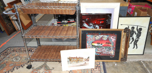 Lot 039 - 3-tier Auto-Trolley (75cm W) + group of framed and unframed pictures i