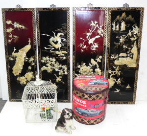 Lot 043 - Mixed group inc 4 x Chinese shell inlaid lacquered decorative panels (