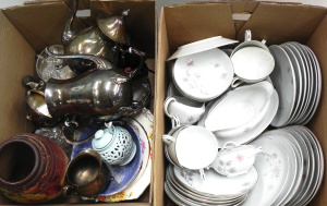 Lot 048 - Large mixed lot of 2 boxes w ceramics inc Art Deco overpainted vase, S