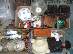 Lot 051 - 4 x Boxes Mixed inc Centrepiece Bowls, Wooden boxes, Dolls, China, Fig