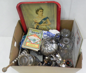 Lot 062 - Box lot mixed inc EPNS Teapot, Cutlery, Costume Jewellery, Chinese Lab