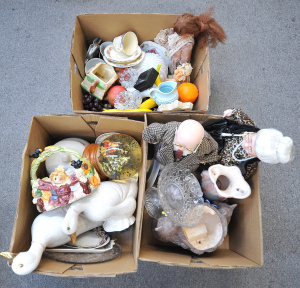 Lot 063 - 3 x Boxes Mixed inc Ceramics, glass, Pair crackle glaze duck figures,