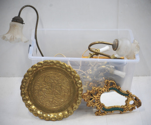 Lot 064 - Box lot of Brass & Gilded wooden items inc Lamps, Three arm wall s