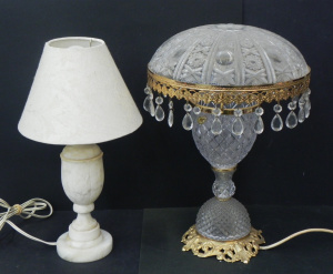 Lot 079 - 2 x Vintage Lamps inc Ornate Crystal, Glass & Brass Mushroom Shape