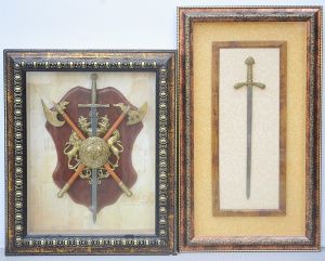 Lot 084 - 2 x framed 3D Medieval style Weapons - Sword & Shield w Crossed Ax
