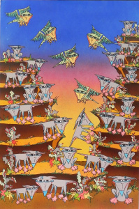 Lot 125 - Kerri Stokes (Active c1970s - 90s) Large unframed Gouache- Dingo Ravin