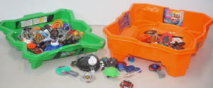 Lot 130 - Lot of Beyblade Toys w 2 x Battle Domes & Bag of Beyblades & B