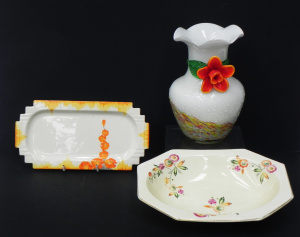Lot 146 - 3 pces inc White Art Glass vase with applied red orange flower on neck