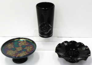 Lot 149 - 3 pces Black Glass inc Crown Crystal Black Amethyst Butterfly Bush Com
