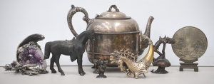 Lot 153 - Group lot Metal items inc EPNS Teapot with gargoyle feet, Copper Horse