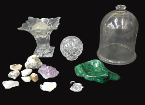 Lot 154 - Mixed Group lot inc Vintage Glass Dome, Large Polished Malachite, Crys