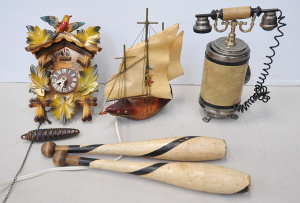 Lot 156 - Vintage group inc cuckoo clock, telephone cigarette dispenser, pair of