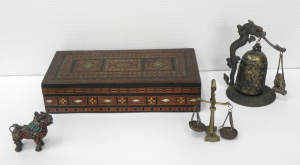 Lot 165 - Mixed Group lot inc Oblong inlaid hinged box, Miniature Brass Scales,
