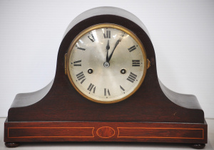 Lot 200 - Vintage HAC German Tambour mantle clock, striker, with fine inlay