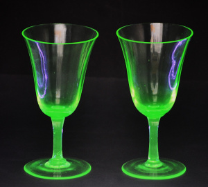 Lot 209 - Pair Vintage Uranium glass Stemmed wine Glasses flared bowls 16cm H