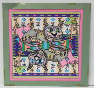 Lot 215 - Kerri Stokes (Active c1970s - 90s) Unframed Gouache - Cat Reflection -