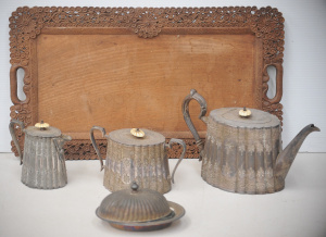 Box incl Wooden Tray & EPNS Tea Set w Non Composite Knobs