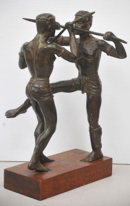 Bronze Sculpture of Two Tribal Warriors in Combat Mounted TO wooden Base - 48cm