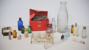Group lot of Vintage items inc Model Dairy Co Kew Milk bottle, Medicinal & E