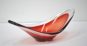 Mid Century Scandinavian Art Glass - Elongated Red with clear rim bowl 34cm L