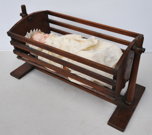 Vintage Wooden Dolls Rocking Crib w Doll