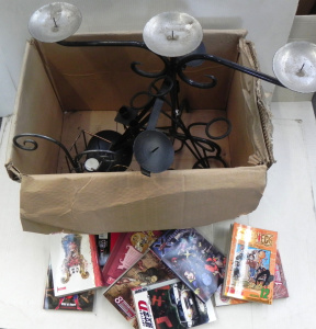 Lot 076 - Mixed lot of candlesticks inc wrought iron candelabra (59cm W) etc, ma