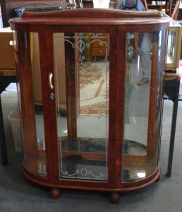 Lot 004 - Vintage mid-century demilune mirror-backed display cabinet w 2 glass s