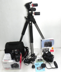 Lot 078 - Group of cameras and equipment inc 2 x cameras boxed Canon EOS 450D w