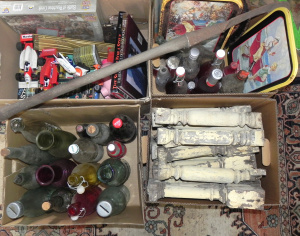 Lot 055 - 4 x Boxes Vintage inc Tin Drink Trays Toys, Toy Models, Games, Bottles