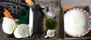 Lot 068 - 2 x Boxes Ceramics & Glass inc Victorian Lawleys Wash Jug, Platter