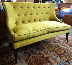 Lot 001 - Yellow Satin Two Seater Settee w Curved High Back & Tapered Wooden