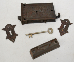 Lot 170 - Vintage Victorian Style Metal Door Lock w Key & 2 x Spare Escutche