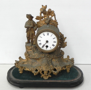 Lot 207 - Vintage Gilt Metal Mantel Clock - Enamel face & Scrolls with figur