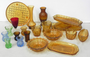 Lot 157 - Group lot vintage Coloured glass inc Amber Vases, Sandwich Trays, Jugs
