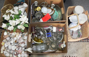 Lot 065 - 3 x Boxes Mixed plus inc Shells, Glass, Soda Syphons, Vases, EPNS, Per