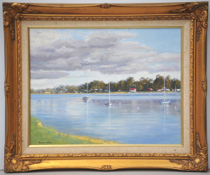 Lot 085 - Mavis Wilkie (Active c1980s) Gilt Framed Oil Painting - Across the Cly