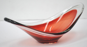Lot 224 - Mid Century Scandinavian Art Glass - Elongated Red with clear rim bow