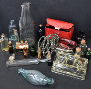 Lot 058 - Group lot of Vintage items inc Model Dairy Co Kew Milk bottle, Medicin