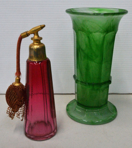 2 pces Vintage Glass inc Art Deco Davidsons Green Cloud Glass Column Vase 20cm H