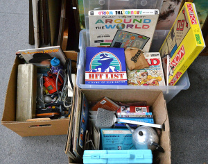 3 x Boxes of Mixed Items incl Doctors Tools, Board Games, Post Cards, Ephemera e
