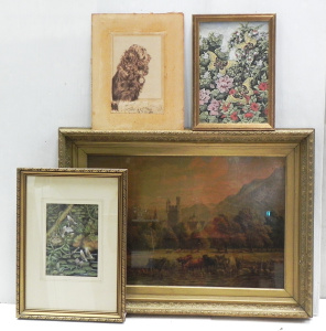 Lot 021 - 3 x framed pictures inc vintage B Cook chromo-lithograph of a rural ca