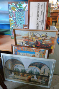Lot 025 - Large lot of framed and unframed pictures inc Indigenous style dot pai