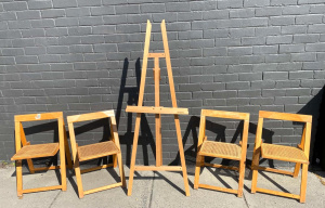 Lot 046 - Grp Lot inc 4 x folding rattan seated chairs and a J Burrows artists e