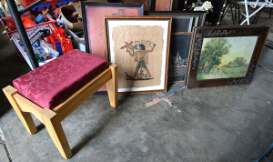 Lot 049 - Group lot inc Framed Pictures & Prints & Burgundy Damask cover
